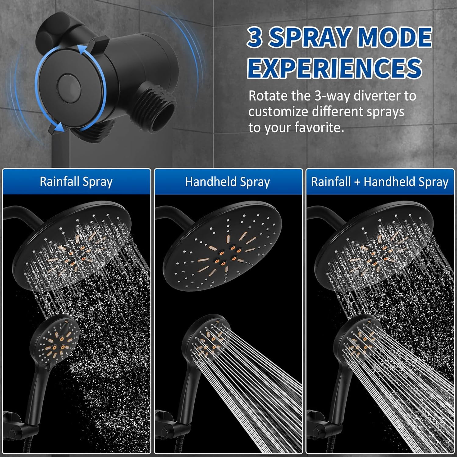 Dual Rain Shower Head with Handheld Spray Combo, 8.8 Inch High Pressure Showerheads Built-in Power Wash with 7 Spray Modes & Anti-Clog Nozzles, Easy Install Shower System for Hard Water, Black