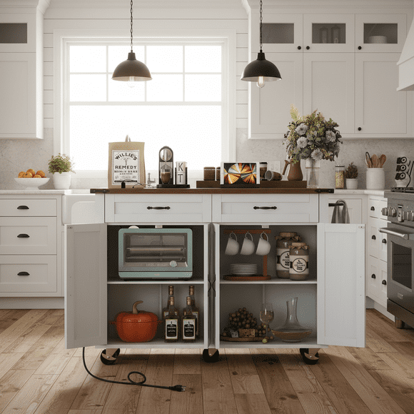 Homy Casa 53 Inch Farmhouse Style Kitchen Island with Power Outlet, Foldable Countertop, Spice Rack, Drawers, and Wheels – White