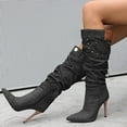 thumbnail image 2 of Pointed Toe Stiletto Heels Women Slouchy Denim Fashion Studded Knee High Boots Sexy Winter Dress Pull on Wide Calf Long Boots, 2 of 4