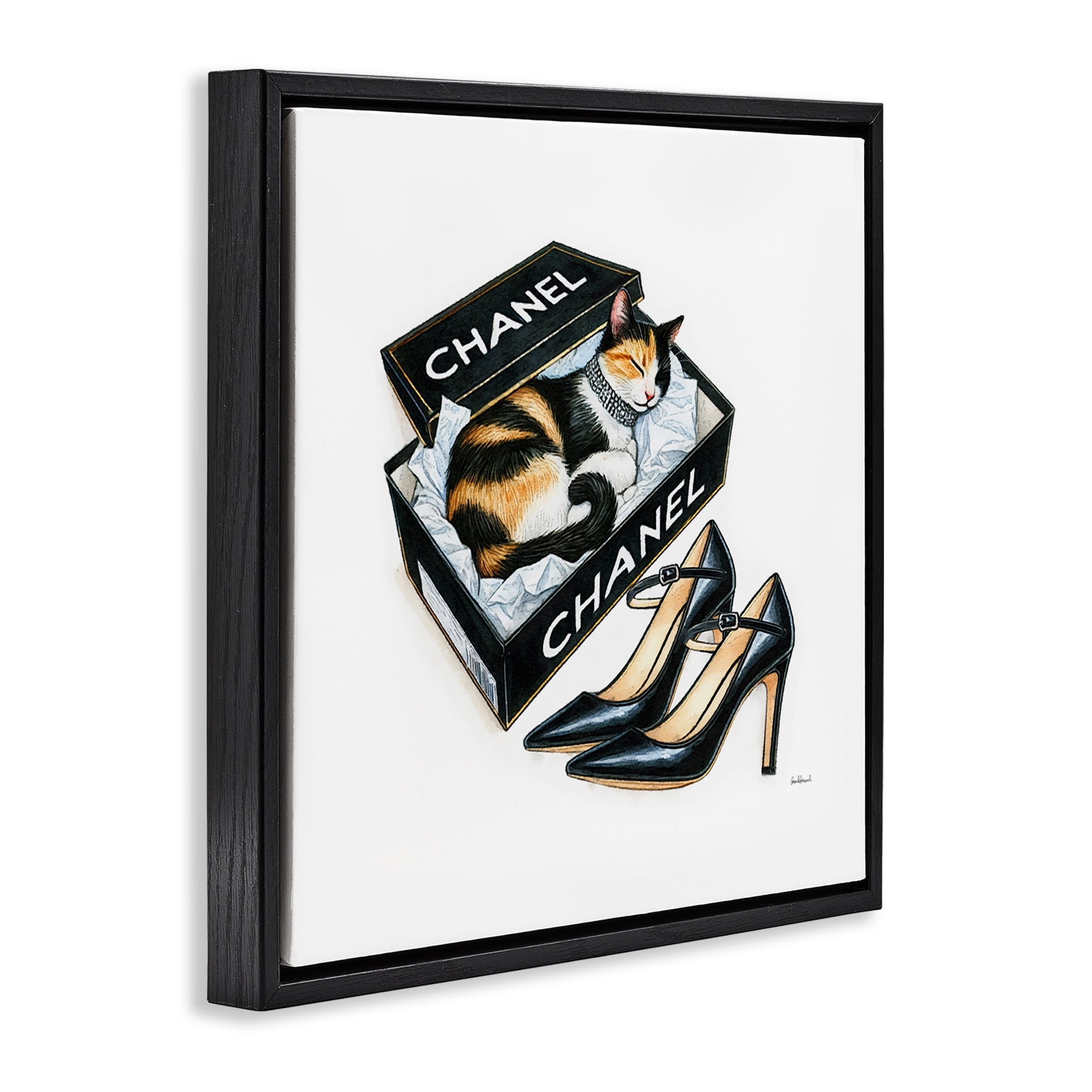 Stupell Industries Cat Sleeping Heels Box Animals Painting Black Floater Framed Canvas Art Print Wall Art, 25 x 25