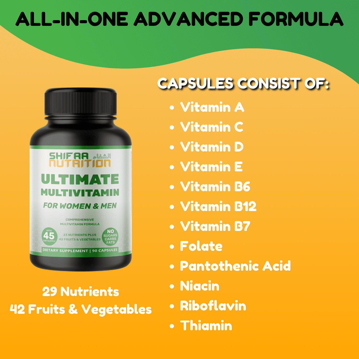 Shifaa Nutrition Halal Ultimate Multivitamin for Adults with 70+ Nutrients, 42 Fruits & Veggies – Non-GMO Daily Supplement | 90 Counts