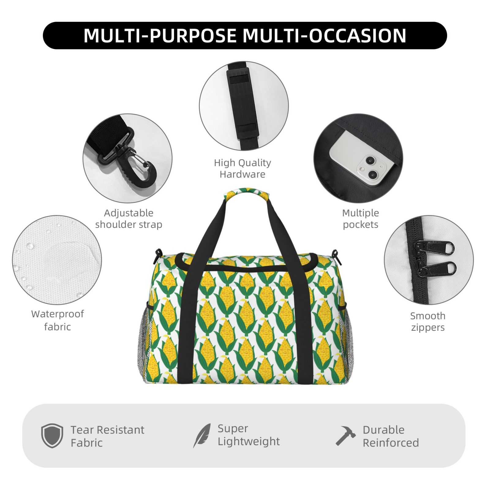 Fuzoiu Corn Cob Print Travel Duffle Bag,Carry On Tote Bags,Duffel Bag,Sport Gym Bag, Hospital Bag for Labor and Delivery, Overnight Bag,Luggage Bag