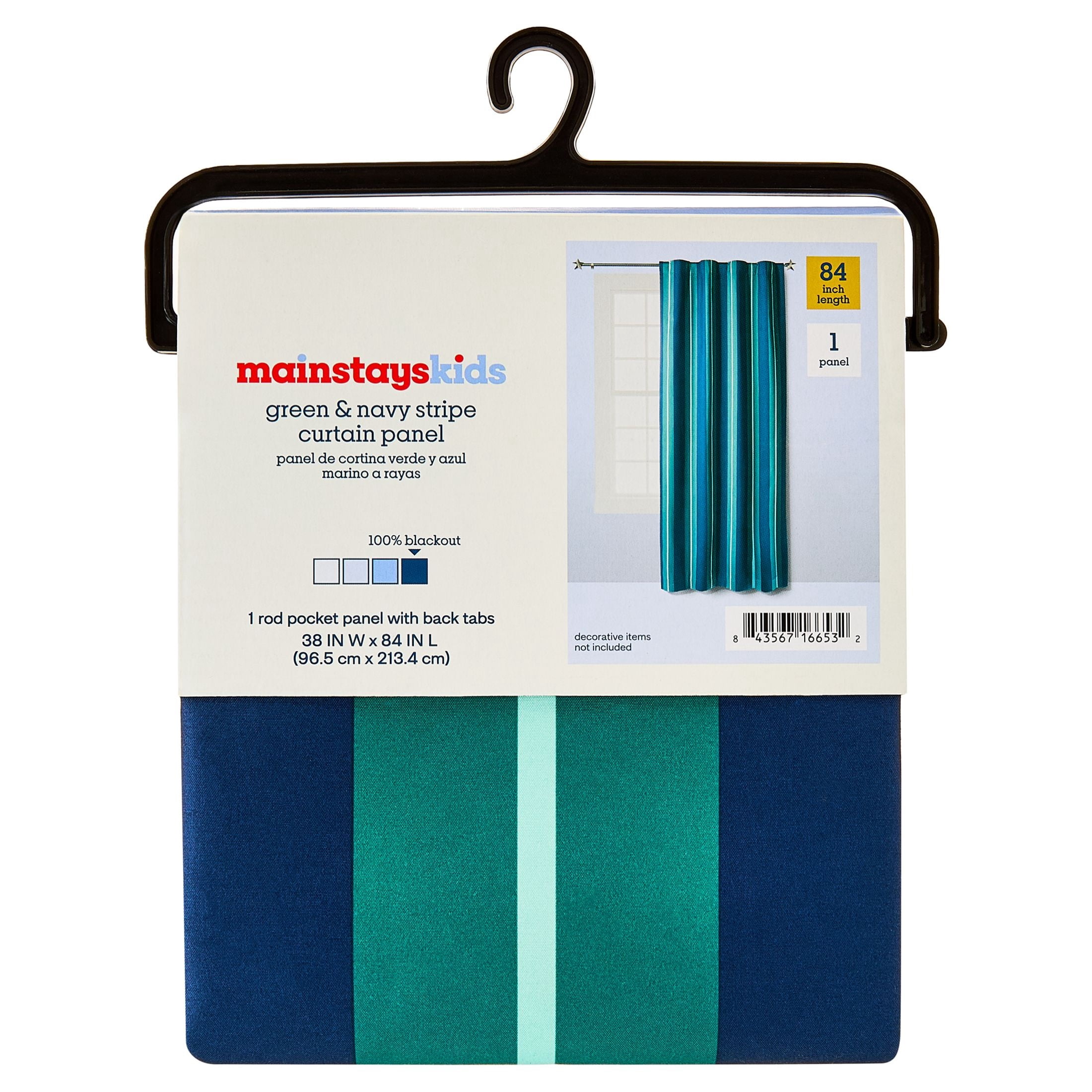 Mainstays Kids Green and Navy Blue Printed Blackout Rod Pocket with Back Tabs Single Curtain Panel, Set of 1, 38" W x 84" L