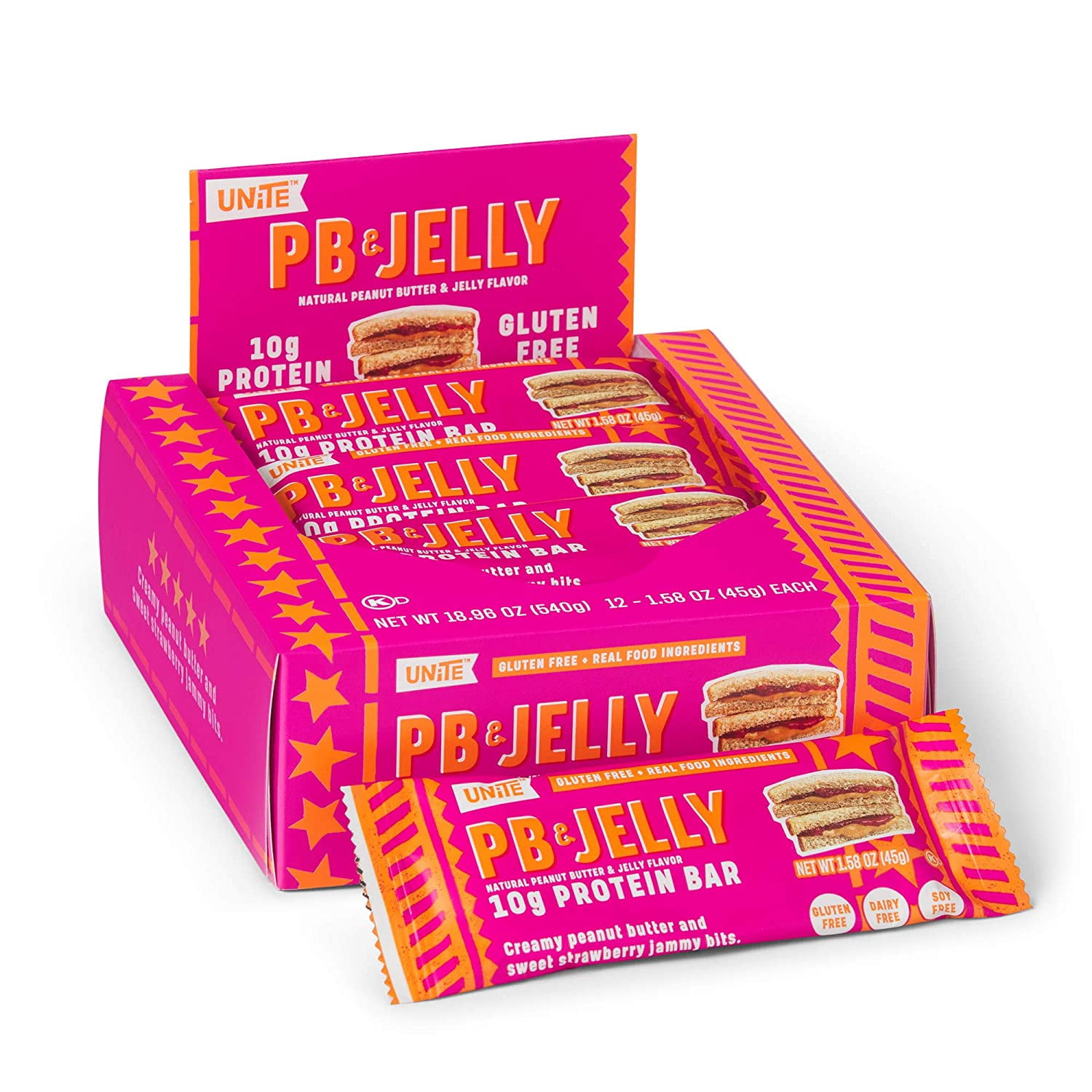 UNiTE Food High Protein Bar, Peanut Butter & Jelly PB&J Flavor, Gluten