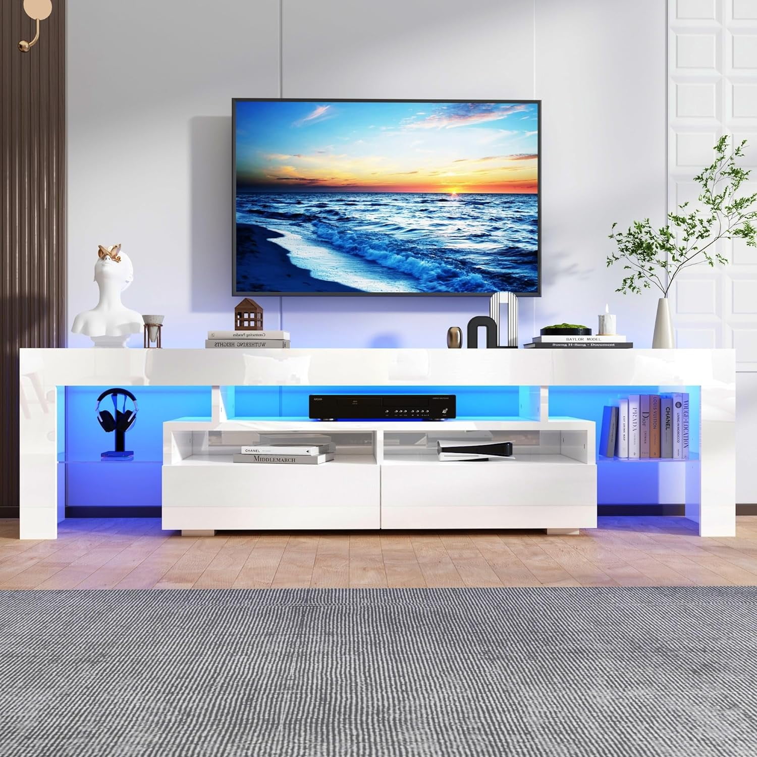 ChVans LED TV Stand for 65/75/85 inch TV, High Glossy Modern Entertainment Center with Drawer and LED Lights(White)