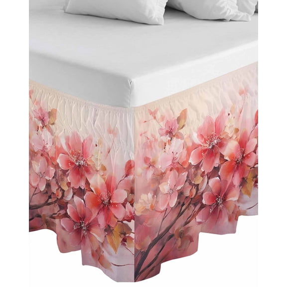 Flower Painted, Abstract Blush Pink Watercolor Wrap Around Bed Skirts for Queen Bed 18" Drop, Bed Skirt with Adjustable Elastic Belt Dust Ruffle Bed Valance for Bedroom Hotel Luxury Bed Frame Cover