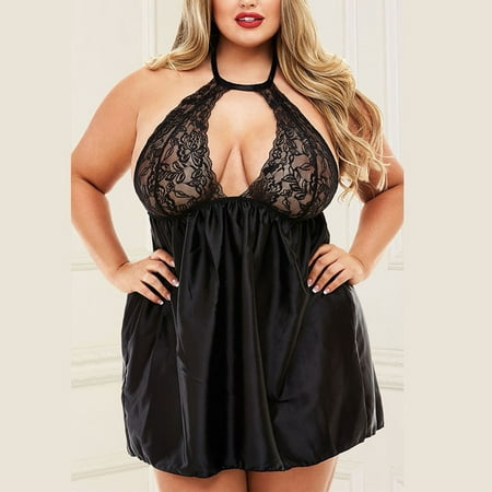Lolmot Plus Size Lingerie for Women Satin Lingerie Nightgown Sexy Cut Out Halter Neck Nightdress Sexy Silk Nighty Mesh Lace Babydoll Chemise on Clearance