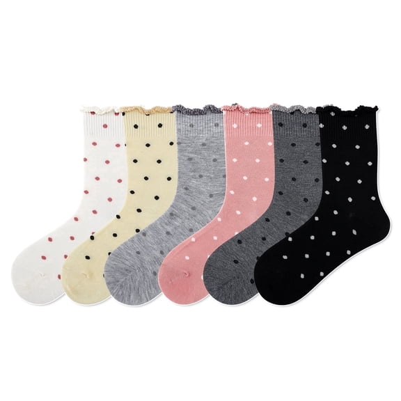 LDU Women's Ruffle Polka Dot Crew Socks, Breathable Cotton, Soft & Comfortable, Perfect for Casual, Daily & Party,6 Pairs