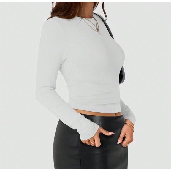 Women Round Neck Plain White Long T-Shirts