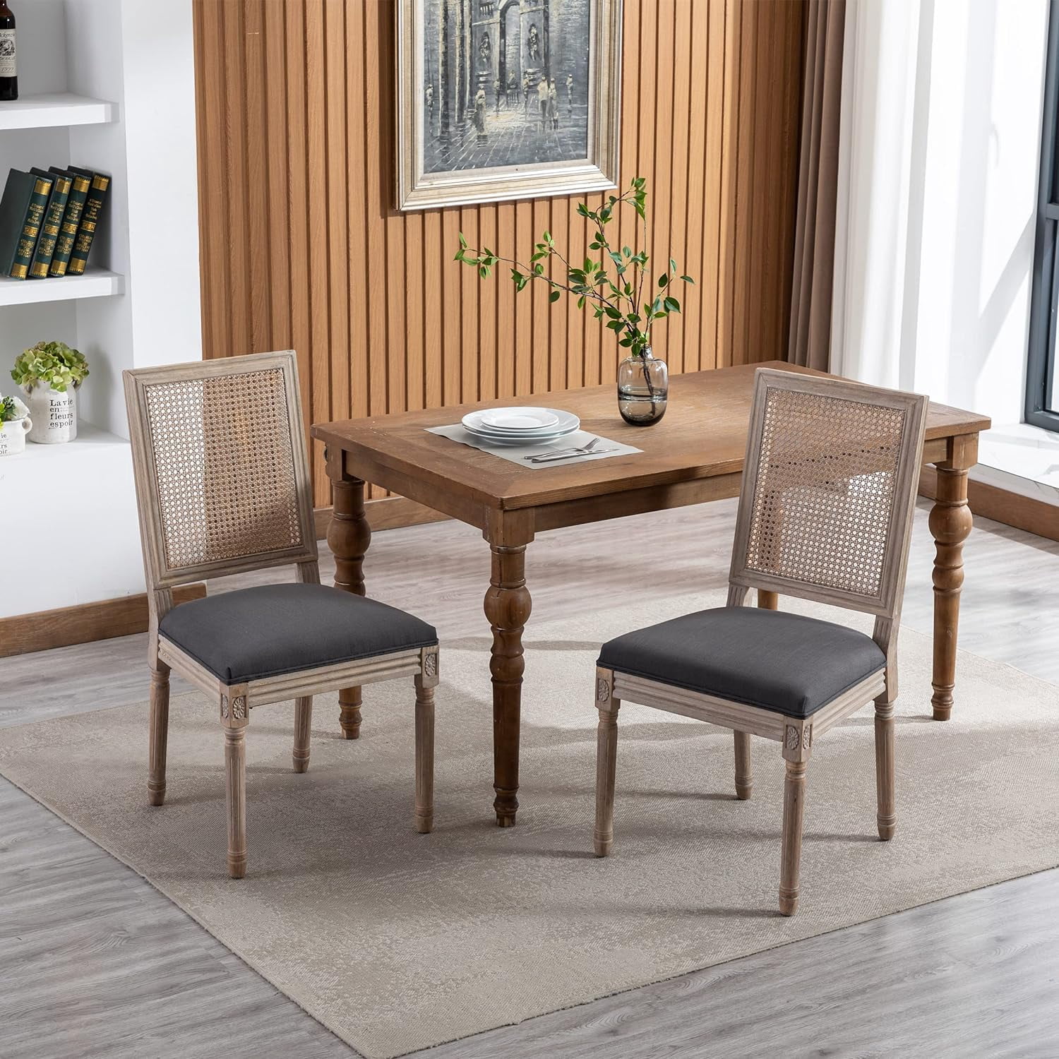 Sumdeal French Country Dining Chairs Set of 6, Farmhouse Dining Chairs with Square Backrest, Upholstered Rattan Dining Chair with Solid Wood Leg for Dining Room Bedroom Kitchen Restaurant