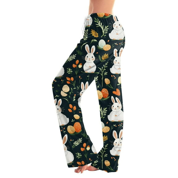 JGNGSHN Easter Pajamas for Women Sleepwear Lounge Pants Wide Leg Pjs Cute Bunny Print Soft Drawstring Waist Jogger