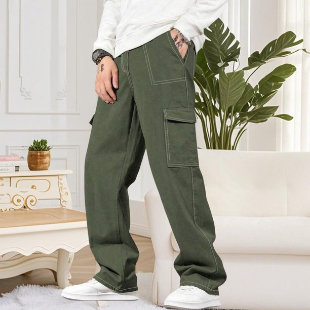Pantalones largos para hombre, moda informal, cómodos, sólidos, con bolsillos, con cordón ajustable, pantalones regulares de poliéster para hombre.