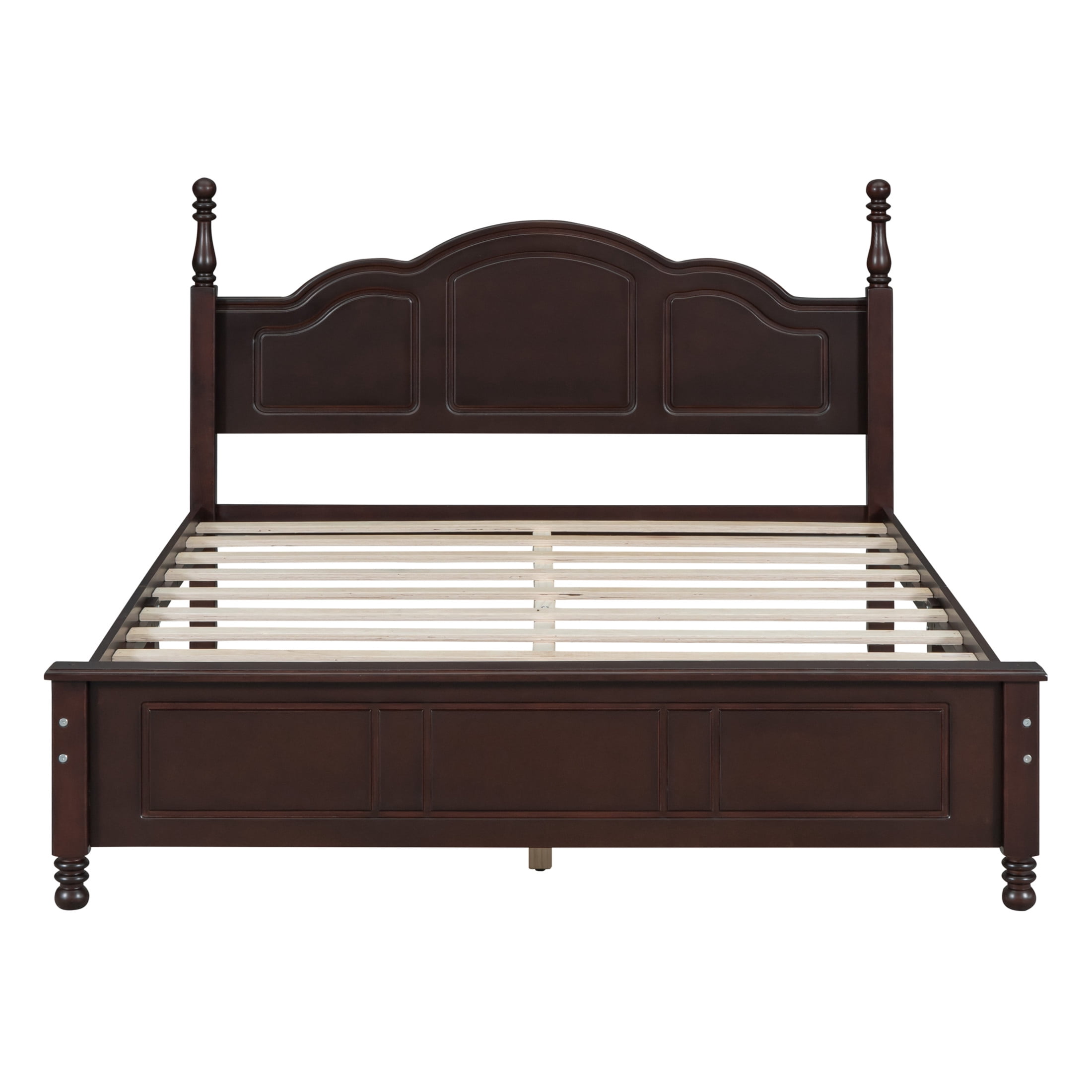 Noble House Queen Size Platform Bed with Retro Wave Headboard, Wooden Slat Support, Walnut