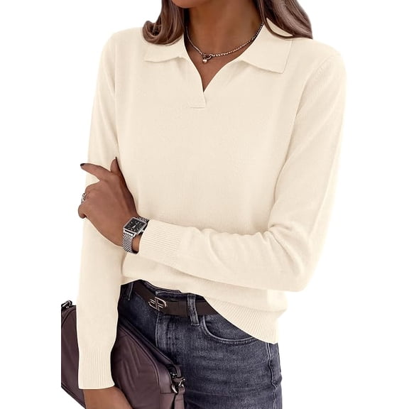 PRETTYGARDEN Womens Long Sleeve Collared Polo Sweater V Neck Knit Ribbed Business Casual Pullover Sweaters Fall Outfits