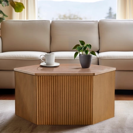 Fluted Design Hexagon Accent Table | Contemporary Home Decor Solution | Natural Wood Color and Grains | Stability on Uneven Surfaces