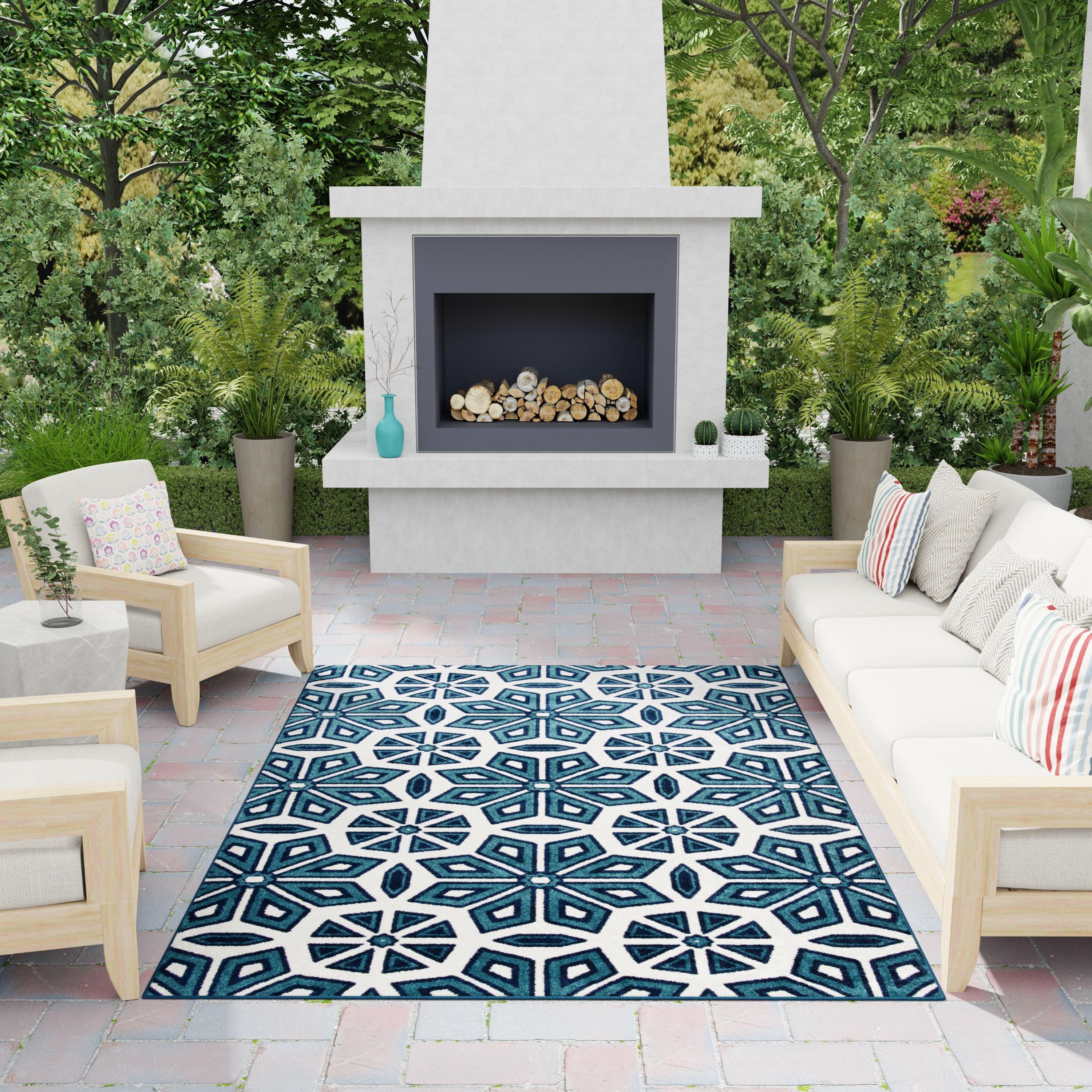 Loomaknoti Terrace Tropic Vensley 3' x 5' Geometric Indoor/Outdoor Accent Rug , Blue/White