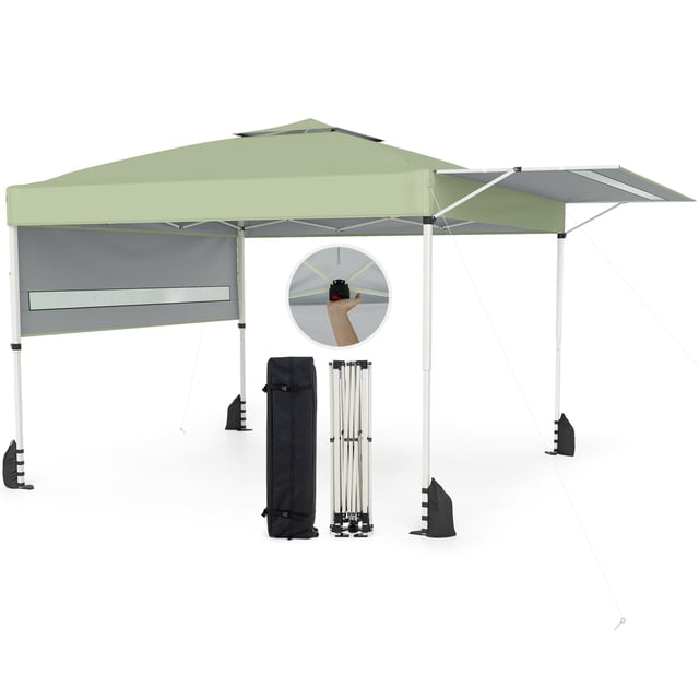 Costway 10x17 FT Pop Up Canopy Tent with Dual Adjustable Awnings, Silver-Coated Fabric Green