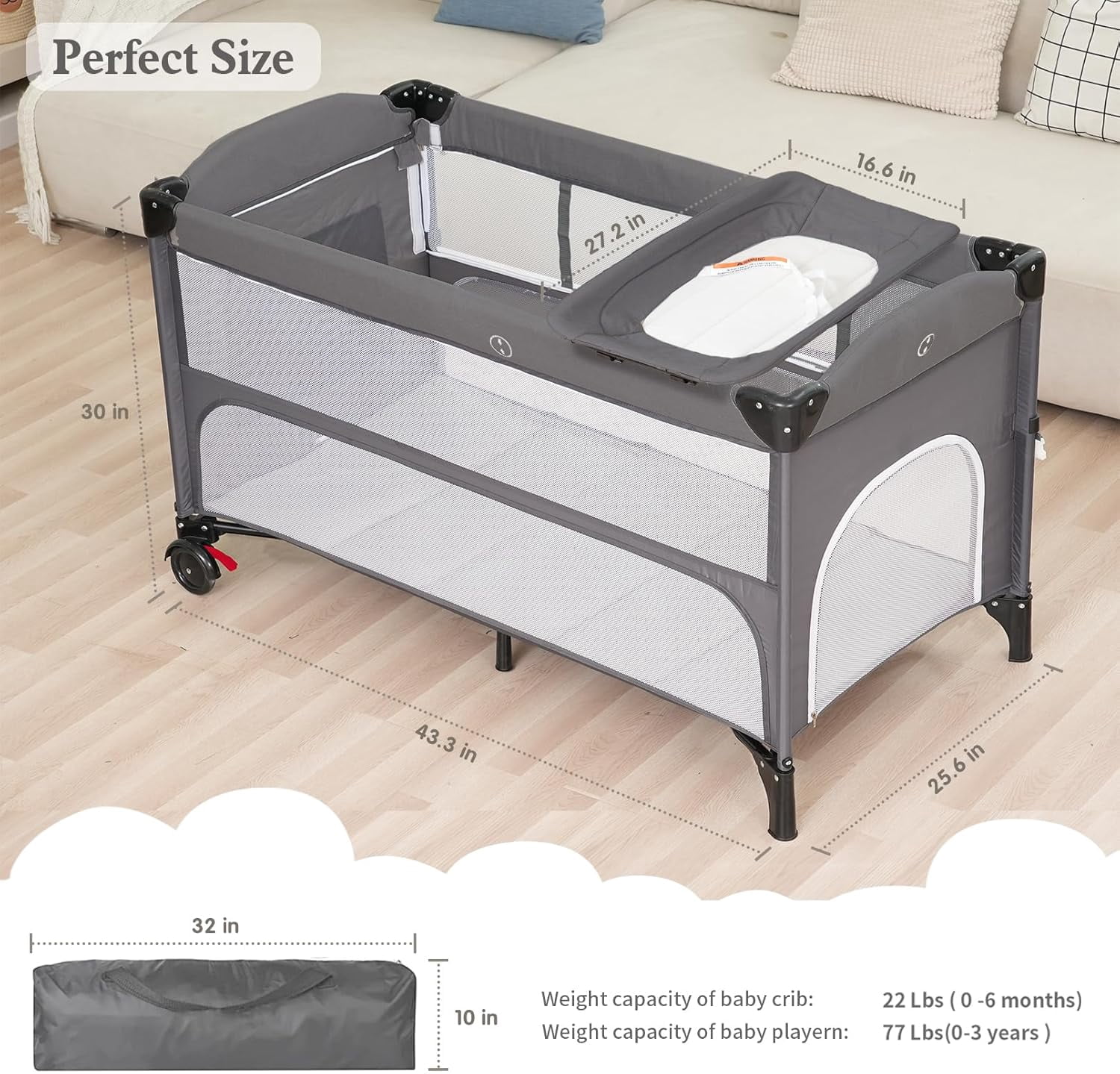 Bedside Bassinet, 5 in 1 Baby Bassinet Bedside Sleeper, Pack and Play with Diaper Changer/Mattress/Music, Bedside Crib with Storage, Baby Crib from Newborn to Toddler(Grey)