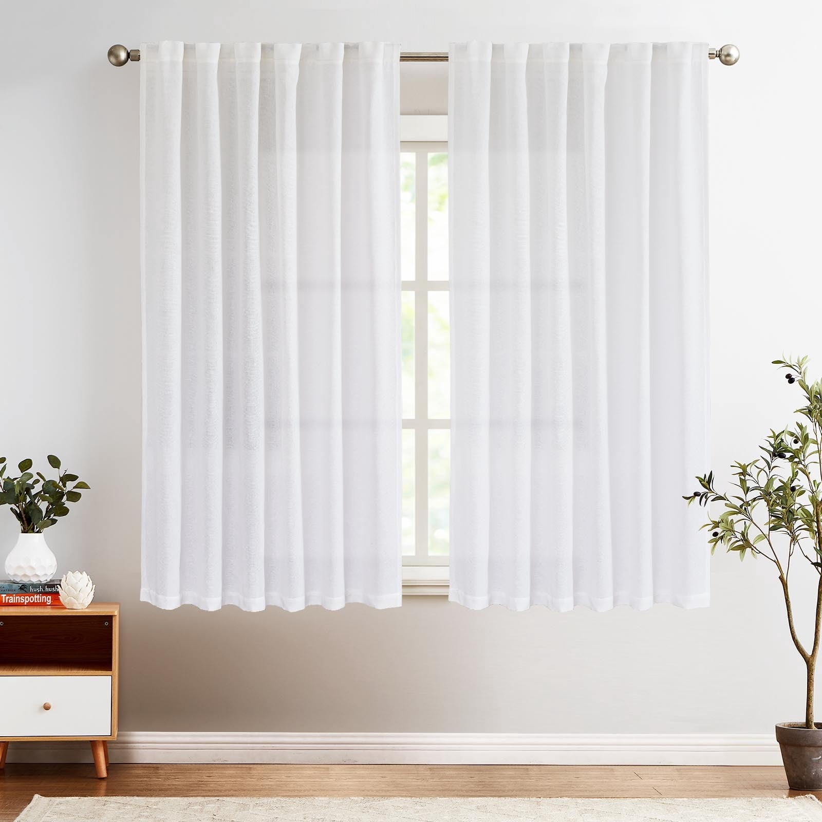 Curtainking White Curtains for Living Room Back Tab Window Drapes Rod Pocket Farmhouse Linen Curtains Bedroom Light Filtering Curtains 63 Inches 2 Panels