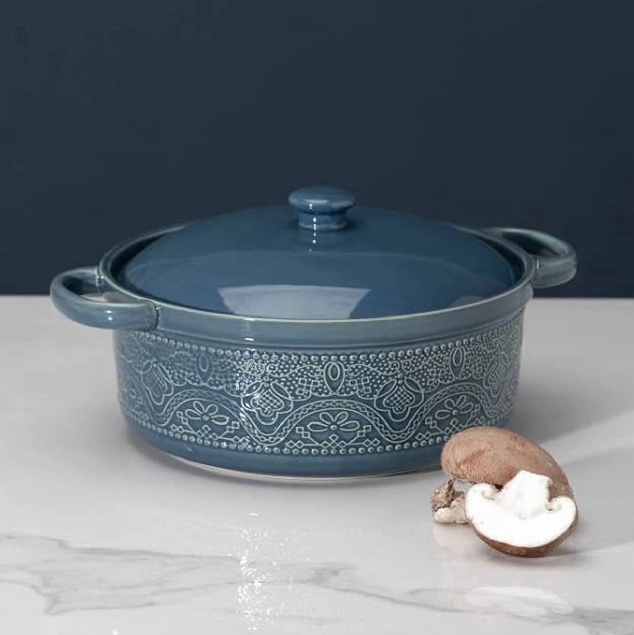 Lace Emboss Casserole Dish with Lid, 2 Quart Oven to Table Ceramic Round Serving Dish with Handles for Dinner and Party, Thanksgiving Christmas Gifts(Grayish Blue)