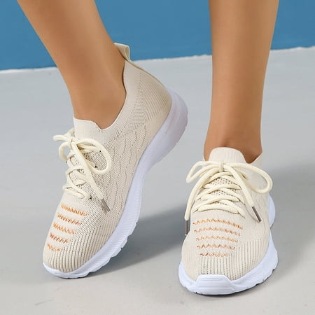 

XIAQUJ Fashion Spring and Summer Women Sports Shoes Flat Bottom Lightweight Fly Woven Mesh Breathable Embroidered Stripes Lace up Comfortable Women s Fashion Sneakers Beige 7(38)