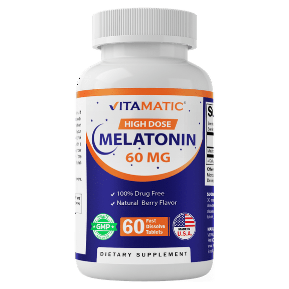 Vitamatic Melatonin 60mg Fast Dissolve Tablets - 60 Vegan Natural Berry Flavor Tablets - Non-Habit Forming, Sleep Support - Promotes Natural Sleep - Non-GMO, Gluten Free Supplement