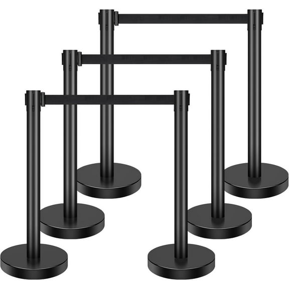 6 Pcs Crowd Control Stanchion Set ,with Retractable Belts, Carbon Steel Black Stanchions Queue with Sand Injection Hollow Base, for Theaters, Parties, Weddings, Exhibitions