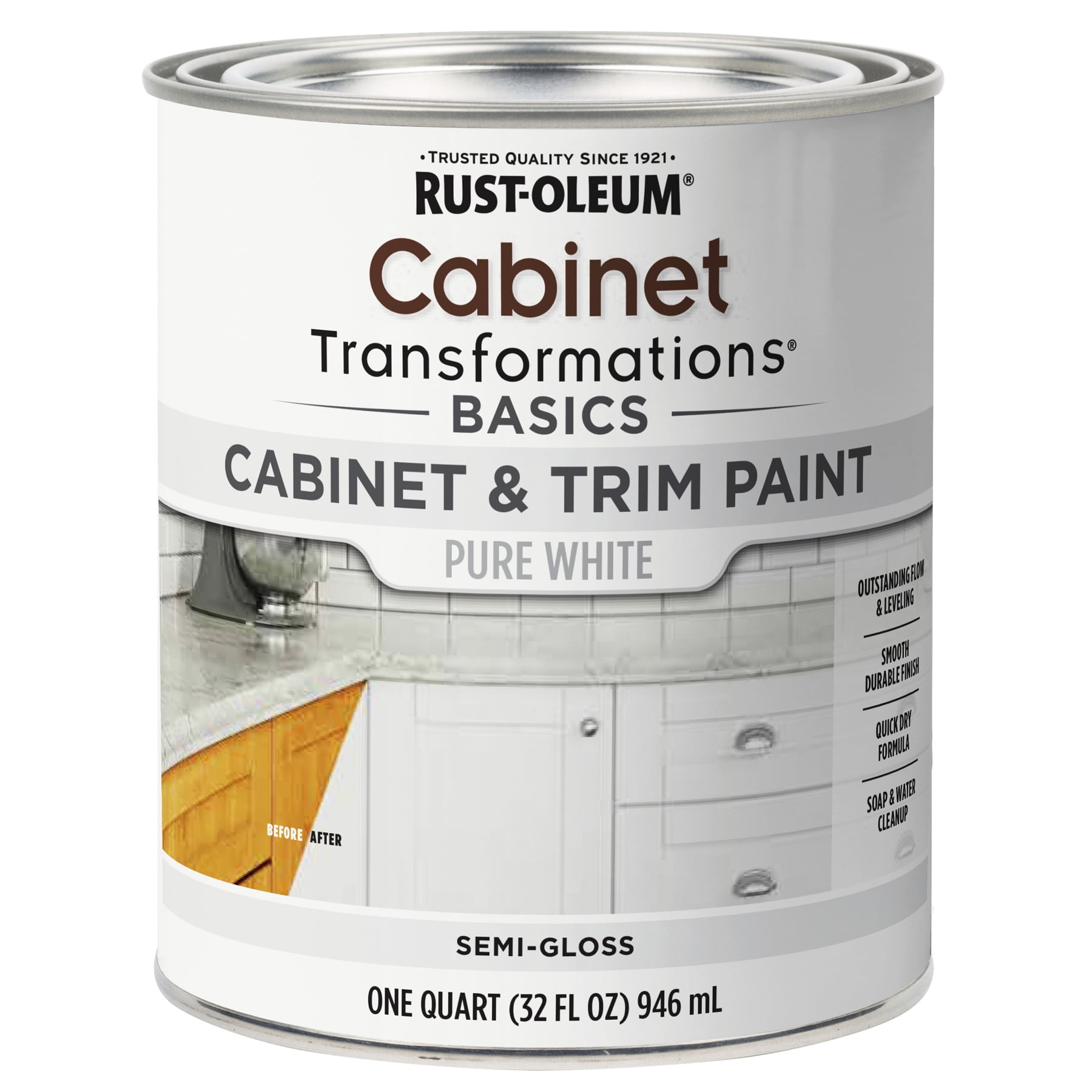 Pure White, Rust-Oleum Transformations Semi-Gloss Cabinet & Trim Paint, Quart, 4 Pack