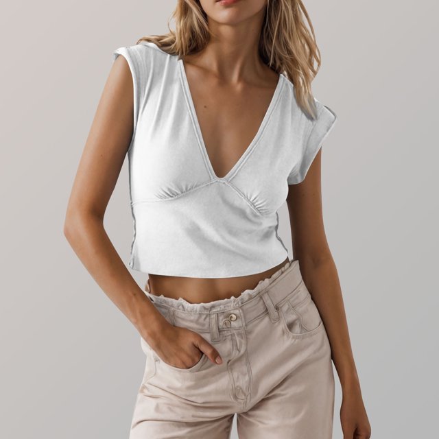 Babysbule Women Casual V-Neck Short Sleeve Blouse Loose Fit Tee Fashion Solid Color Ruffles Cropped Top for Daily Wear
