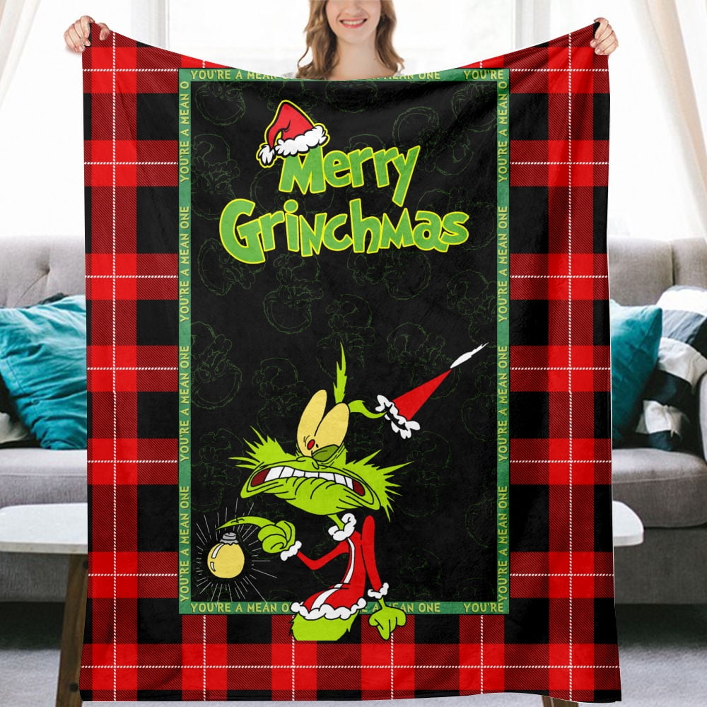 Christmas Grinch Fleece Blanket Ultra Soft Plush Cozy Xmas Prints Theme Home Decor Flannel Blanket for Bed Sofa Couch and Gift