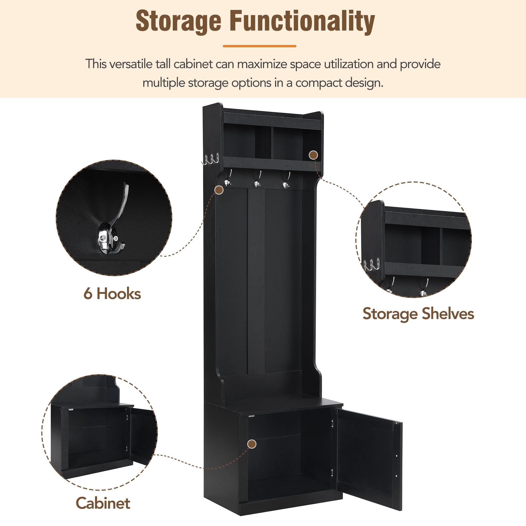 MAYEERTY Minimalist Hall Tree: Slim Cabinet, Multi-functional Storage Bench with Coat Rack, 6 Hooks, Black