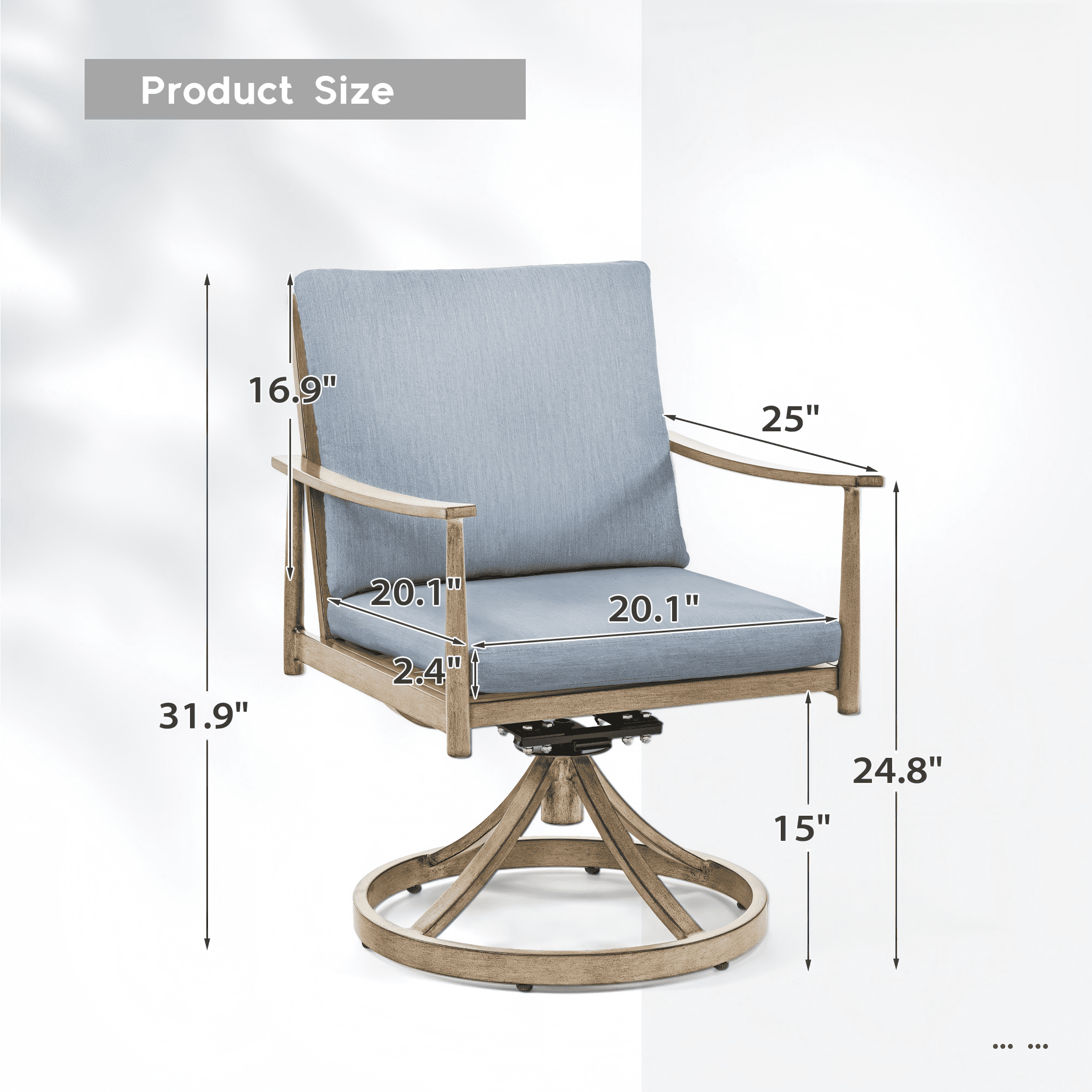 Outdoor Swivel Dining Chairs Set of 2, Aluminum Patio Swivel Chairs with Cushions, 360 Degree Rope Backrest Armrest for Porch Backyard Pool, Brown/Blue