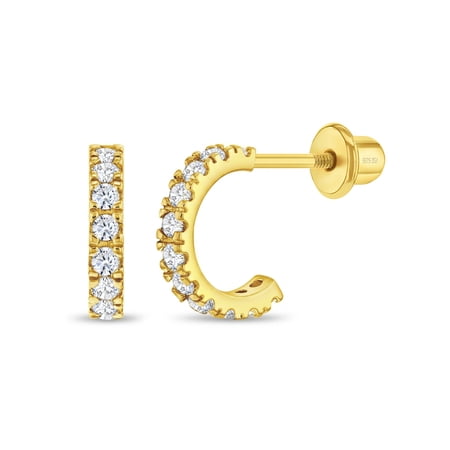 CZ Half Hoop Preteen / Teens Earrings Screw Back - Gold Plated Sterling Silver