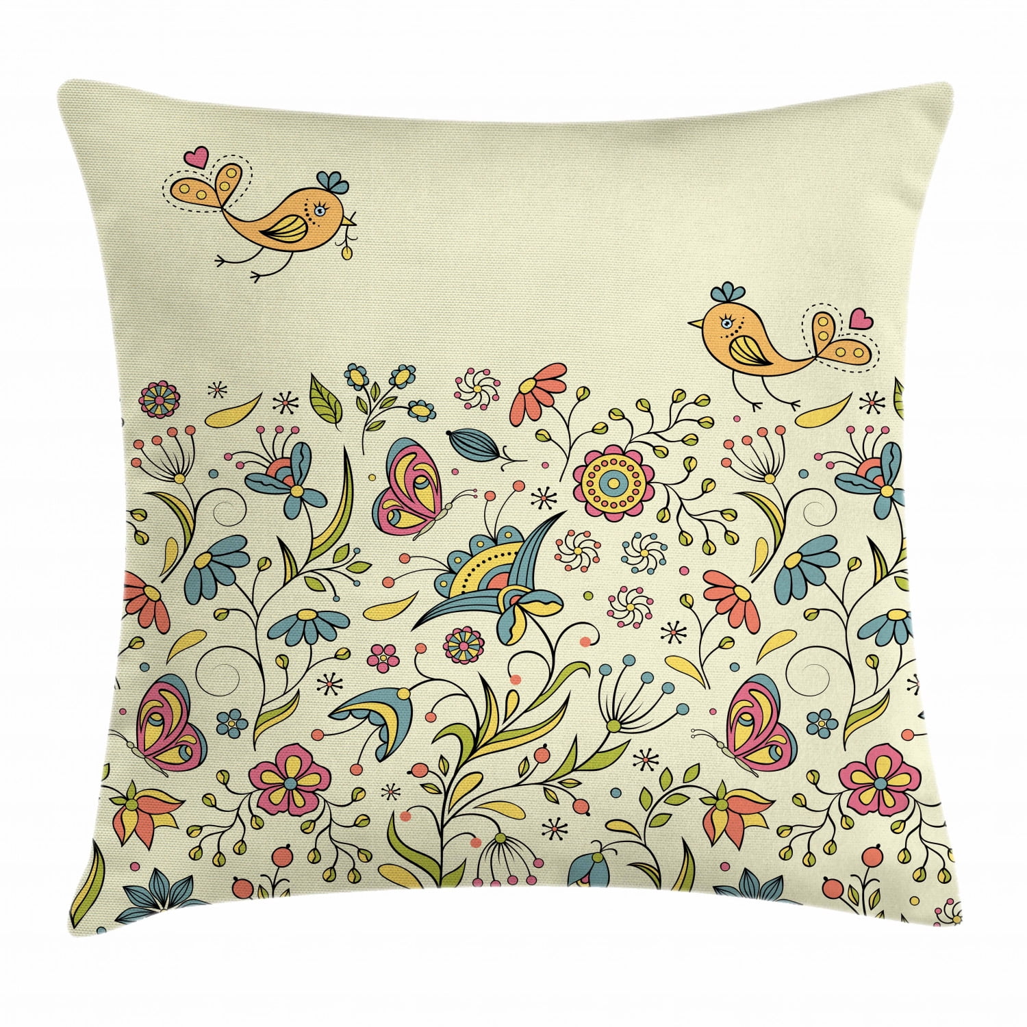Flowers Throw Pillow Cushion Cover, Flourishing Spring Meadow Ornate Artistic Nature Romantic