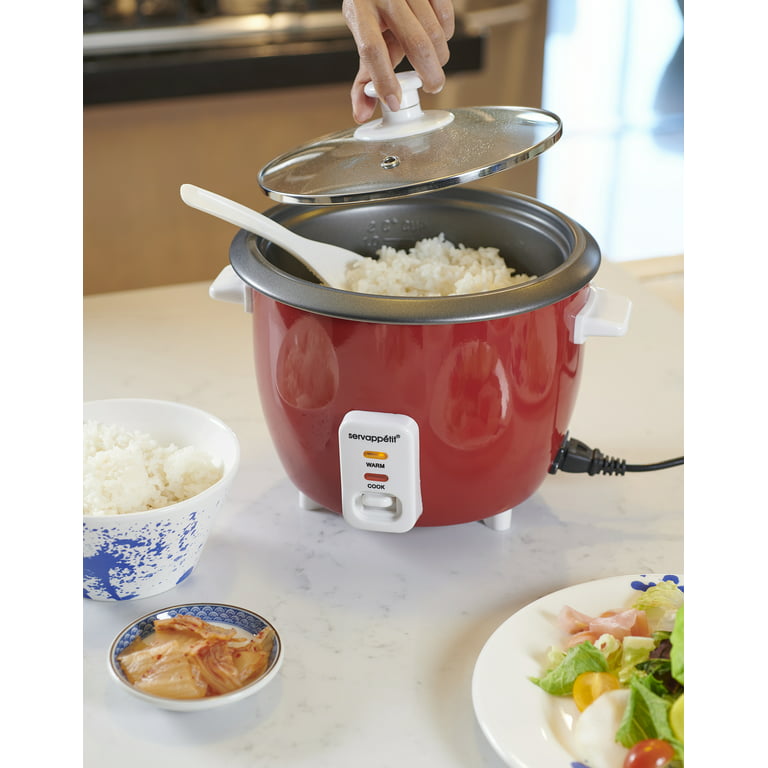 Servappetit 8 Cup Rice Cooker for Any Size Meal, Dishwasher Safe, Removable Pot and Lid, Non-Stick Coating, Red