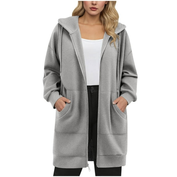 Hooded Sweatshirts Women's Fashion Solid Color T-shirt Long Sleeves Drawstring Blouse Round Neck Casual Tops Hooded Sweatshirts Coat with Pocket Full Zip Up Fall Winter Warm Jacket