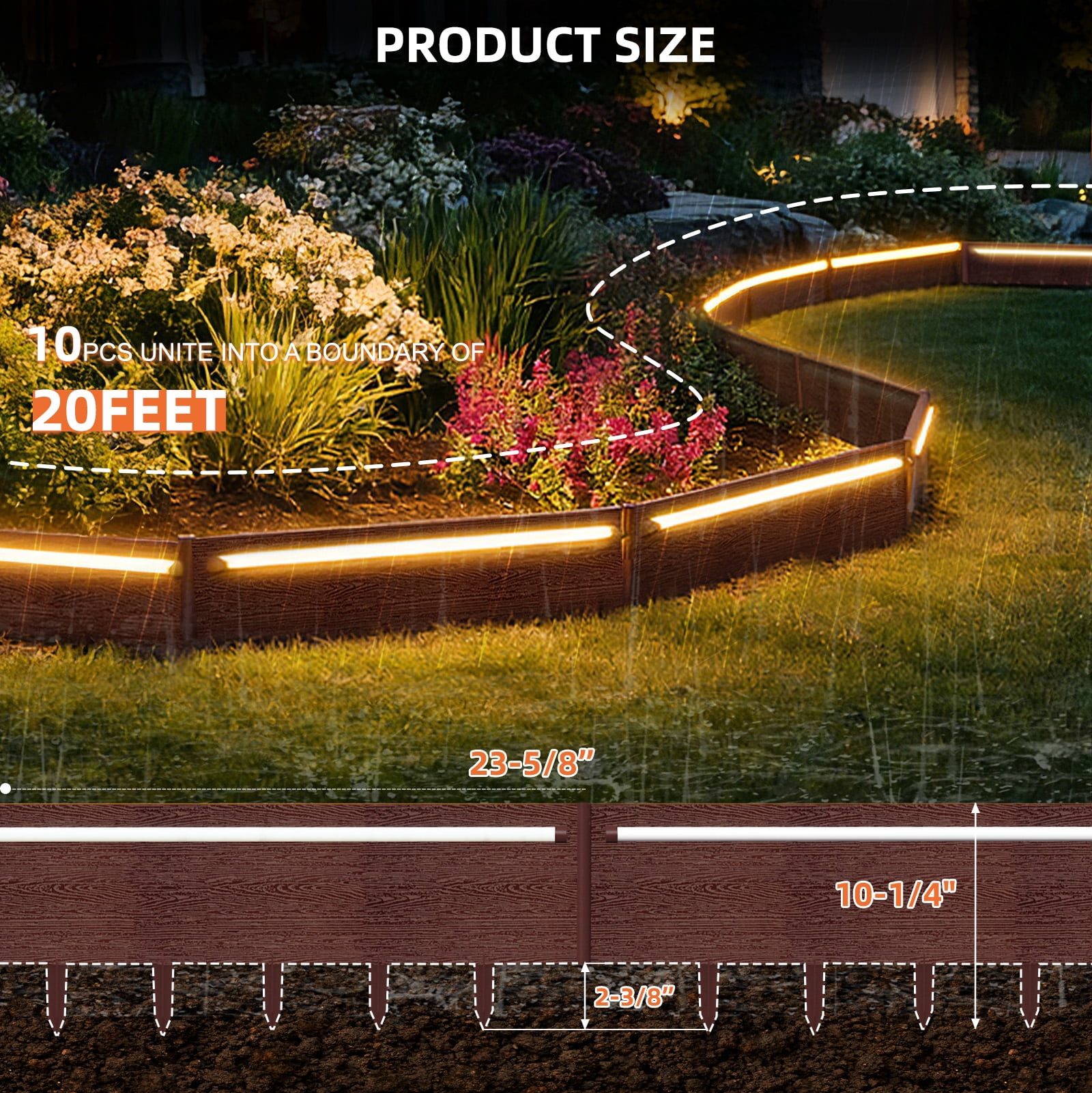WATANIYA Dig-Free Garden Landscape Edging Border withh LED light,10 pack (Brown)