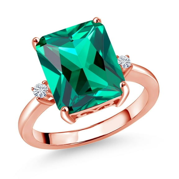 Gem Stone King 18K Rose Gold Plated Silver 12X10MM Green Nano Emerald and 2MM White Moissanite 3 Stone Engagement Ring for Women | 5.56 Cttw | Gemstone May Birthstone | Size 9