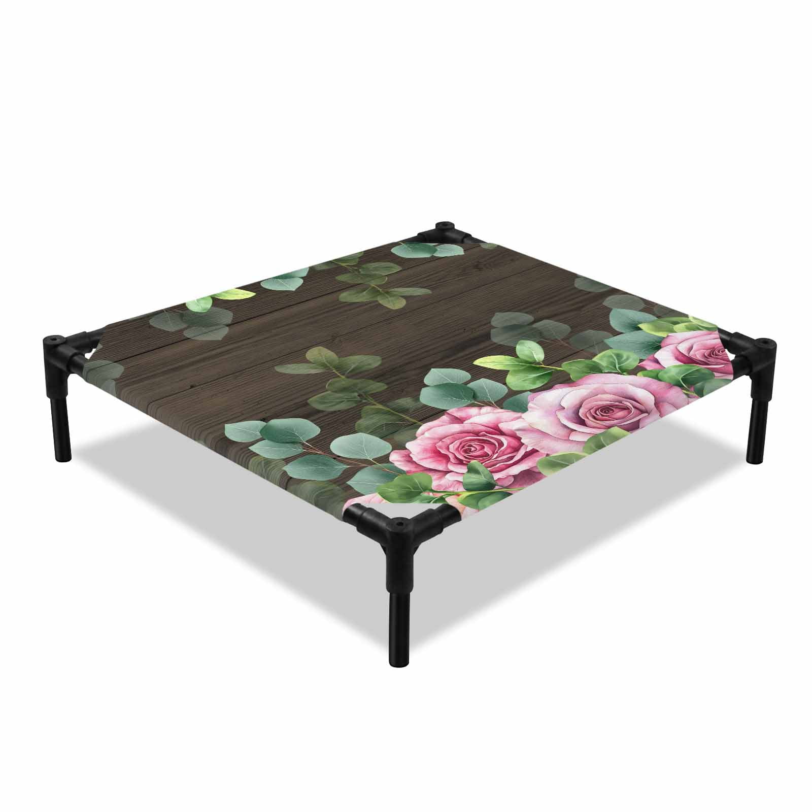 Roses Eucalyptus Leaf Elevated Dog Bed Spring Watercolor Floral Walnut Wood Cooling Breathable Outdoor Raised Dog Cot Bed with Metal Frame Non-Slip Feet for Small Dog 20x20in