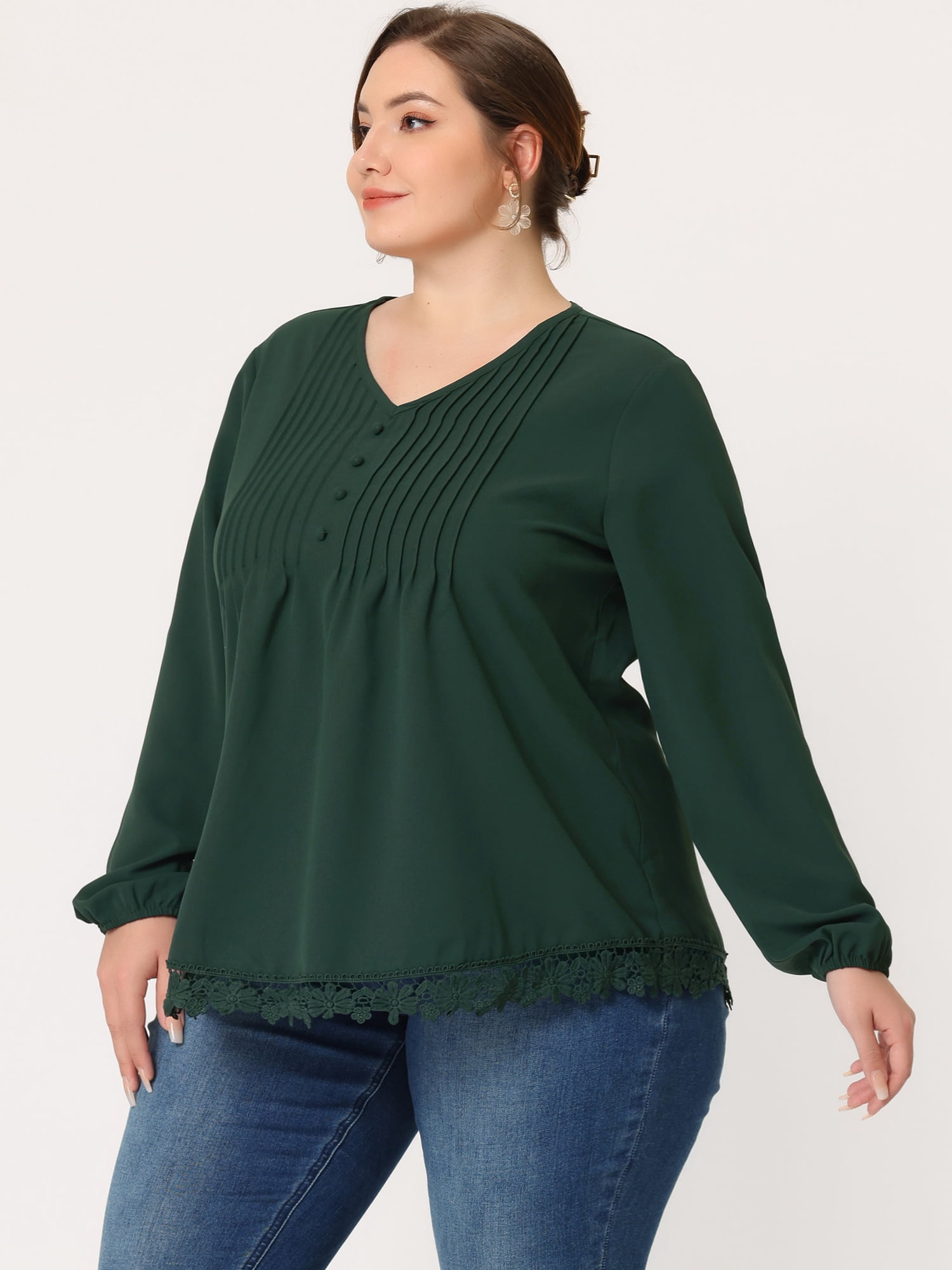Unique Bargains Women's Plus Size Solid Pleated V Neck Lace Casual Blouse
