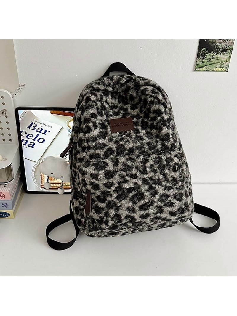 Fuzzy Cheetah Cute Backpack, Y2k Purse Fleece Chic Bookbag  display picture 2