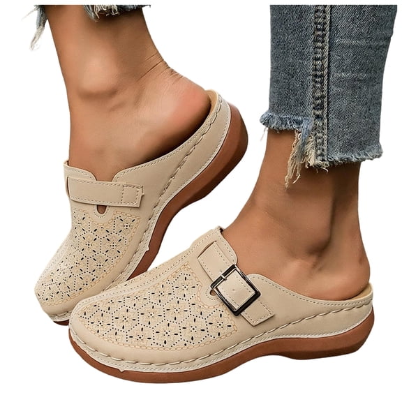 Rokment Women's Orthopedic Backless Sandals Beach Casual Buckles Closed Toe Arch Support Wedge Clogs Comfortable Platform Walking Mules Boho Retro Chunky Heels Dressy Slip on Slides Beige Size 6.5