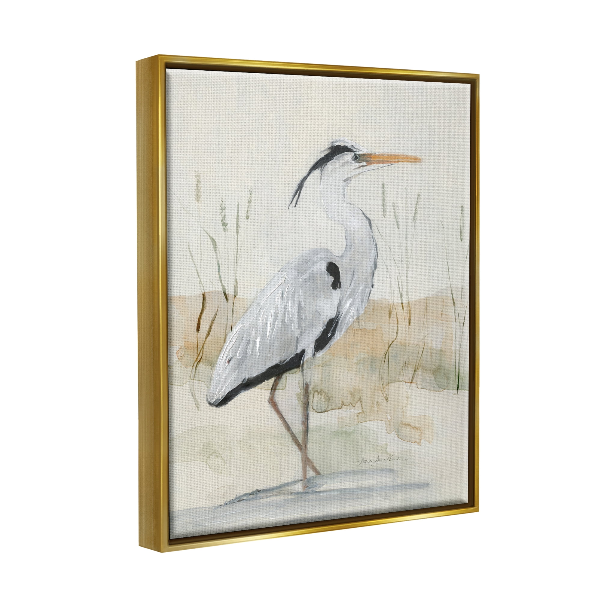 Stupell Industries Elegant Heron Nature Creek Portrait Coastal Painting Gold Floater Framed Art Print Wall Art