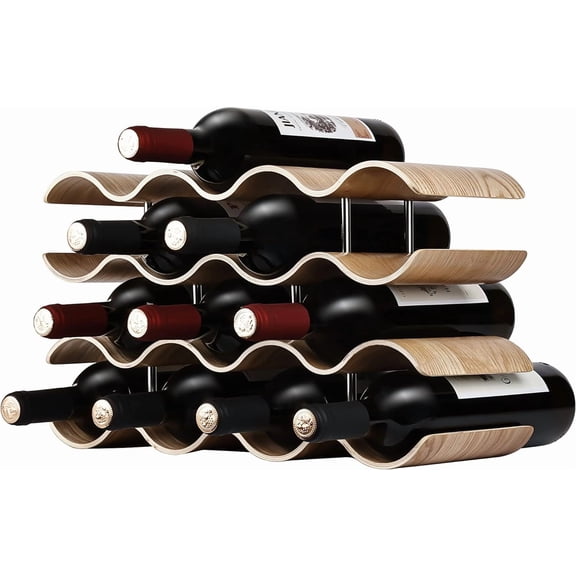 Countertop Wine Rack - 14 Bottle Freestanding Wine Bottle Holder Stand - 4 Tier Wooden Wine Storage Rack - Wavy Wine Organizer for Cabinet Pantry Home Kitchen Bar