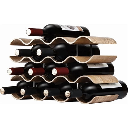 Countertop Wine Rack - 14 Bottle Freestanding Wine Bottle Holder Stand - 4 Tier Wooden Wine Storage Rack - Wavy Wine Organizer for Cabinet Pantry Home Kitchen Bar