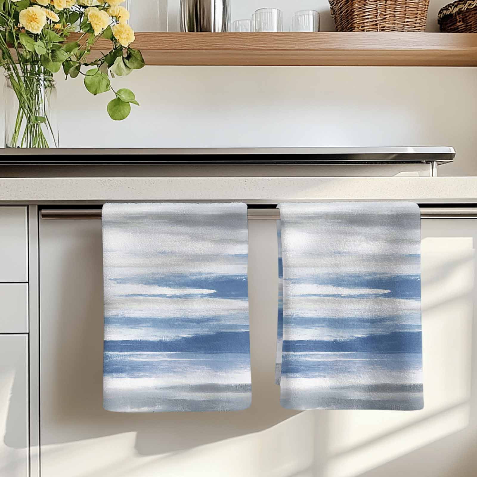 Blue Gray White Kitchen Towels Set of 2, Modern Abstract Mottled Aesthetic Absorbent Dish Towels for Kitchen, Microfiber Hand Towel, Quick Drying Tea Towel for Cleaning Decorative Dishcloths