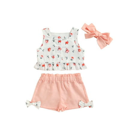 

Suanret Infants Baby Girls 3PCS Pants Suit Sleeveless Small Roses Ruffle Hem Buttons Tops Bow Short Pants Plain Bow Headband Set Pink 6-9 Months
