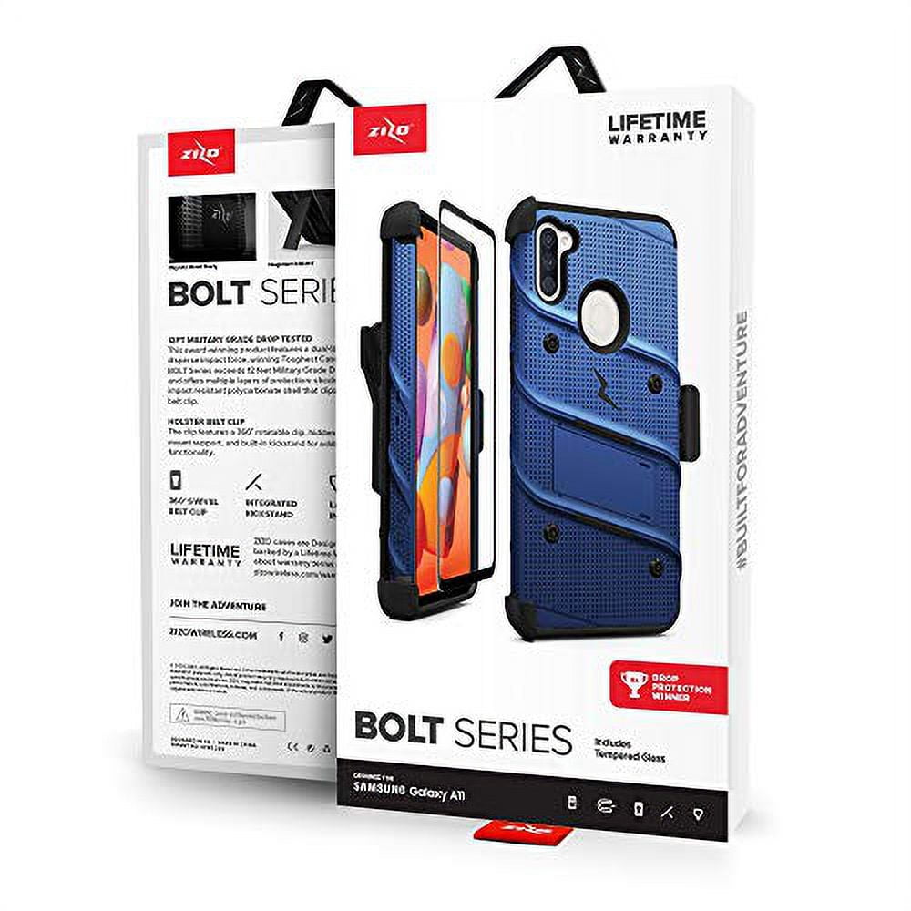 Zizo Bolt Series Samsung Galaxy A11 Case with Screen Protector Kickstand Holster Lanyard - Blue & Black