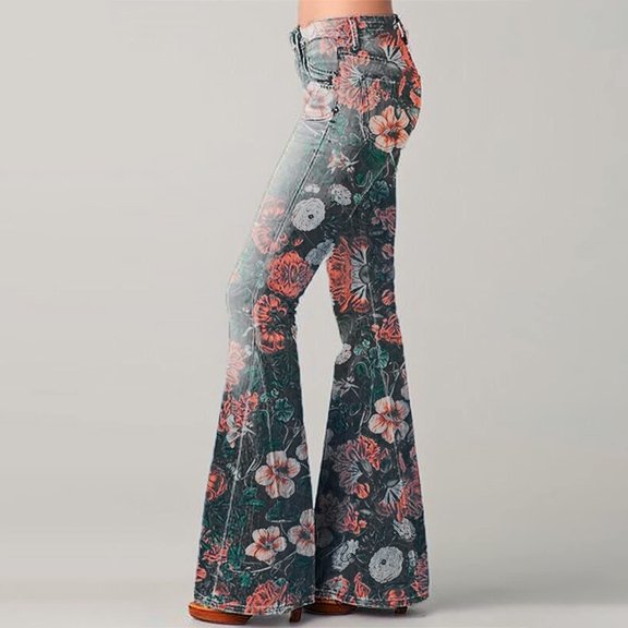 Zysthvn Casual Women Jeans Floral Flared High Waisted Trousers for Women Pants Button with Pockets Stretch Loose Pants