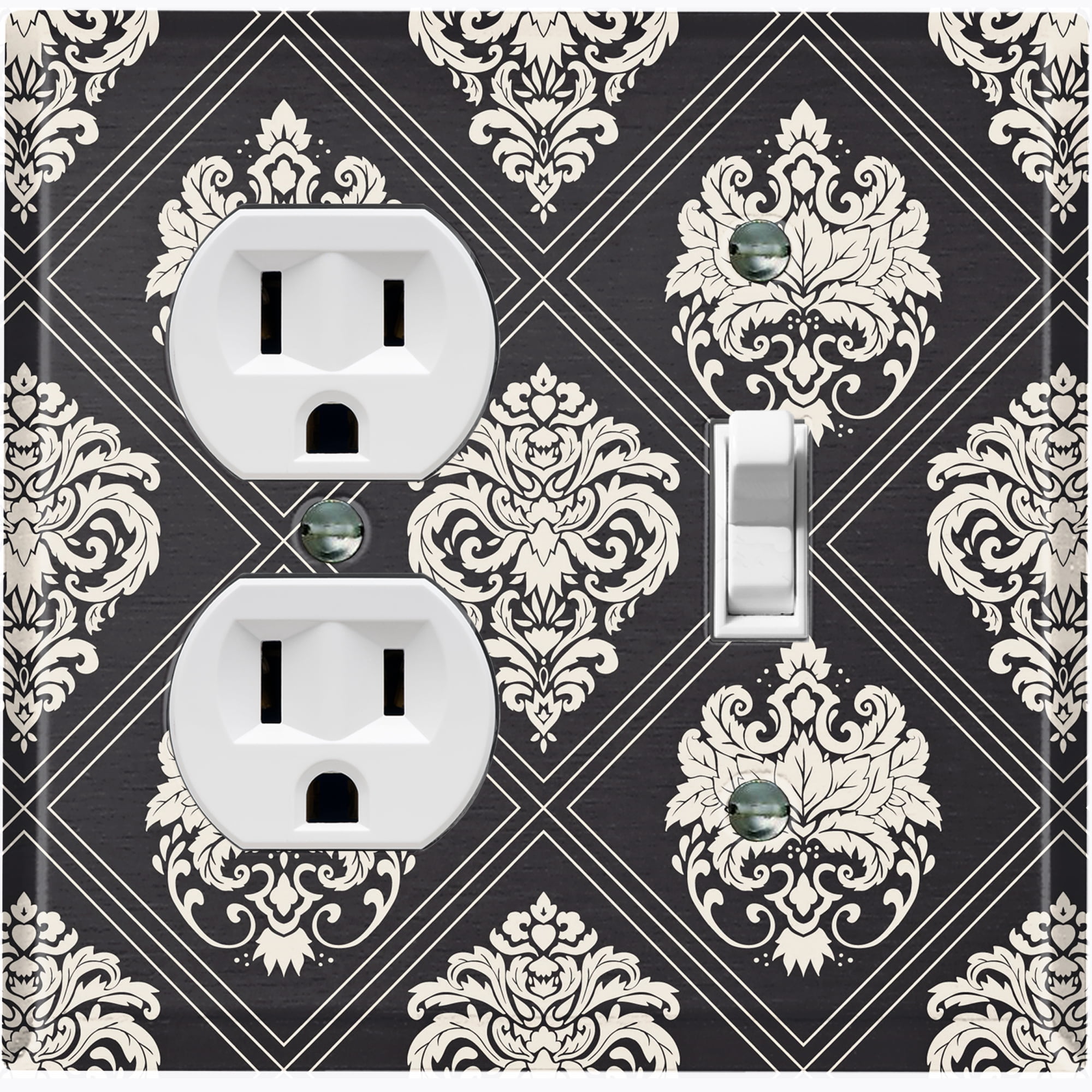 Metal Light Switch Plate Outlet Cover (Damask Diamond Black Pattern